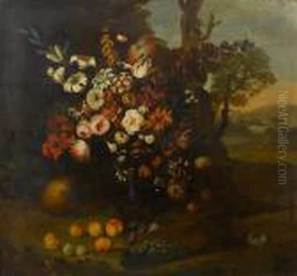 Roses, Peonies, Tulips, White 
Lilies In Aglass Vase With Peaches, Grapes, Plums, A Melon, A Pumpkin 
And Abird's Nest In A Landscape Oil Painting by Johann Martin Metz