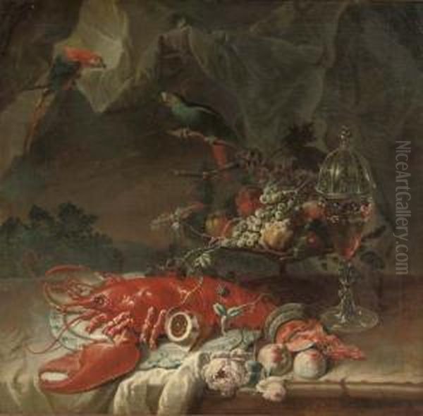 A Lobster On A Porcelain 
Platter, A 'tazza' With Fruit And A Covered Glass Of Red Wine, All On A 
Partially Draped Stone Ledge Before A Curtain With Two Parrots Oil Painting by Johann Martin Metz