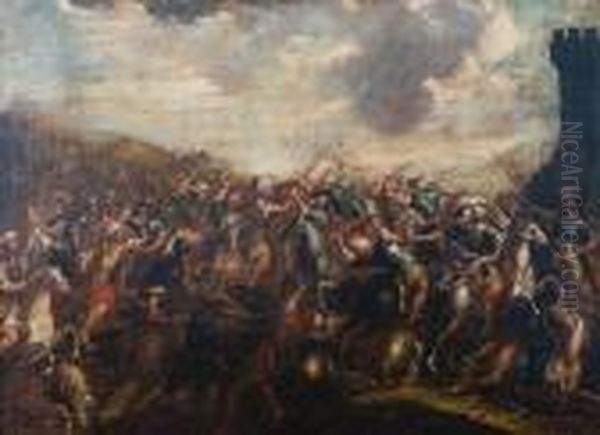 The Fight For The Standard, 
Turkish Andeuropean Armies Outside A Fortified City; Cavalry Skirmish, 
Shipsat Sea In The Distance Oil Painting by Pieter Meulenaer