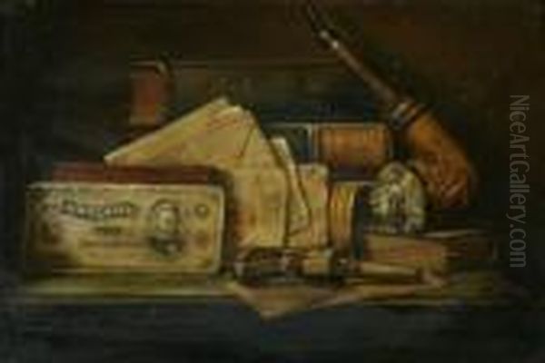 Still Life With Gun, Pipe And Silver Certificate Oil Painting by Charles Alfred Meurer