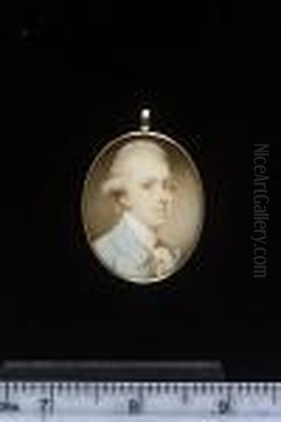 A Gentleman, Wearing Powder-blue
 Coat, White Waistcoat With Gold Embroidered Border, Lace Frilled Shirt 
And Stock, His Hair Powdered And Worn Oil Painting by Jeremiah Meyer