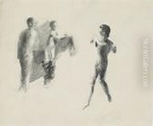 Drei Knaben (zwei Links Stehend 
Und Einer Rechts Vorbeigehend) Zeigen Sich Ihre Korperblosse Oil Painting by Otto Friedrich Meyer-Amden