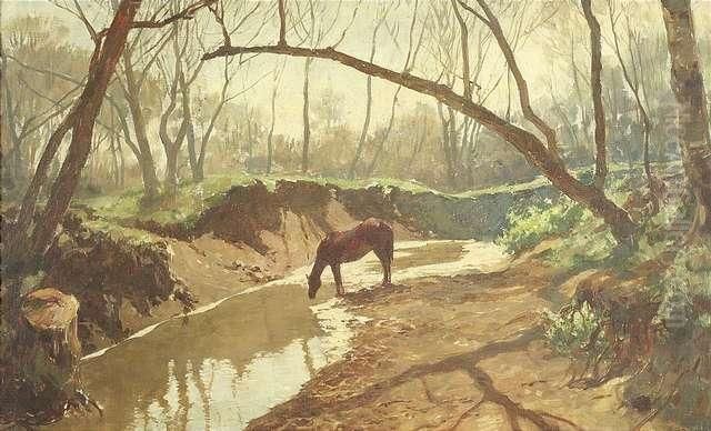 Horse At Awatering Place Oil Painting by Kunz Meyer-Waldeck