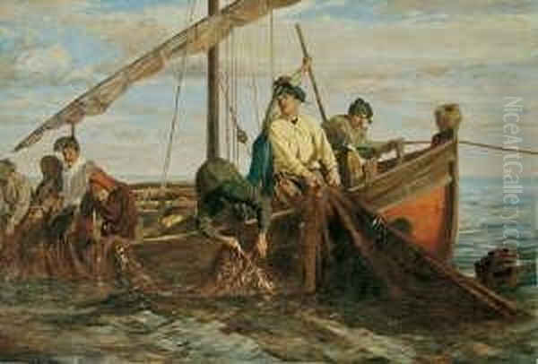 Fischer Beim Einholen Der Netze.
 Signiert Unten Links: Kunz-meyer. Ol Auf Leinwand. H 62; B 91 Cm. Oil Painting by Kunz Meyer-Waldeck