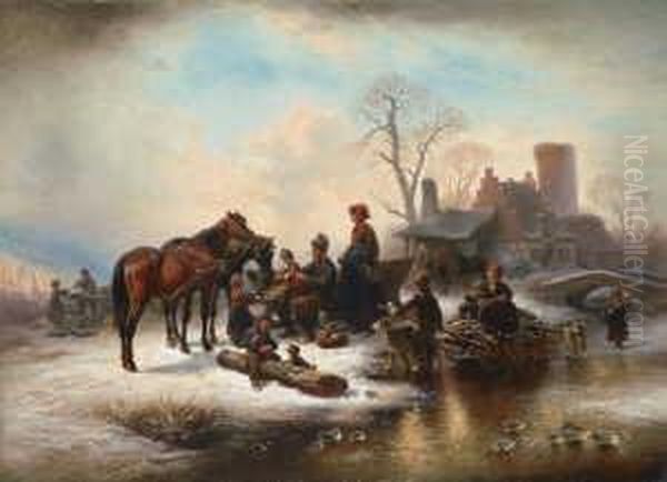 Winterlandschaft Mit 
Reisigsammlern Und Holzsagenden Kindern. Signiert Unten Links: W. 
Meyerheim. Ol Auf Leinwand, Auf Holz Aufgezogen. H 70; B 97 Cm. Oil Painting by Wilhelm Alexander Meyerheim