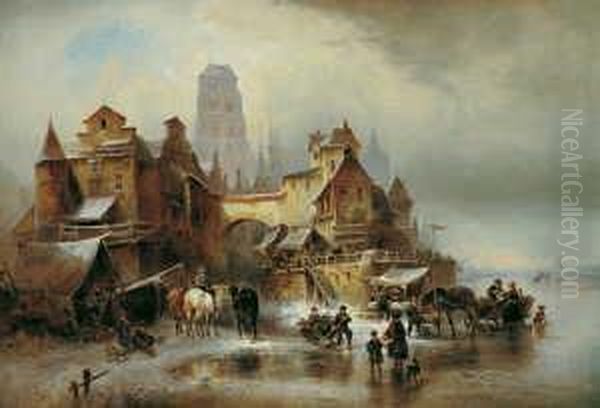 Winetrlandschaft Mit Stadt Am 
Fluss. Signiert Unten Rechts: W. Meyerheim. Ol Auf Leinwand. H 70; B 98 
Cm. Oil Painting by Wilhelm Alexander Meyerheim