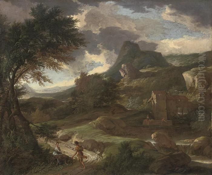A Mountainous Wooded Landscape 
With A Shepherd And A Shepherdess Ona Track, A Mill Beyond Oil Painting by Aelbert Meyeringh