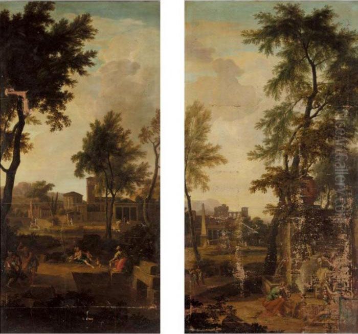 A Classical Landscape With Three
 Maidens Bringing Gifts To A Roman Memorial; A Classical Landscape With 
An Imaginary Townscape And Figures In The Foreground Oil Painting by Aelbert Meyeringh
