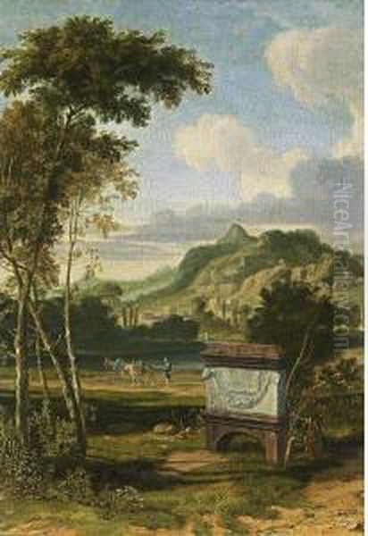 An Arcadian Landscape With A 
Tomb In The Foreground And A Traveller With His Donkeys Walking Along A 
River Oil Painting by Aelbert Meyeringh