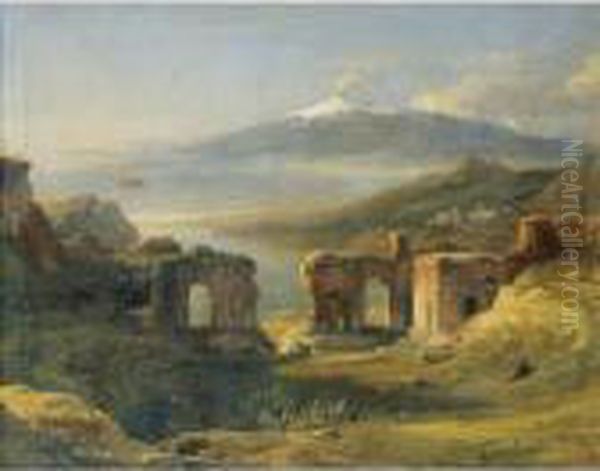 Vue Du Theatre De Taormine [view
 Of The Theatre Of Taormina (sicily); Oil On Canvas, Signed, Located And
 Dated Geneve 1821] Oil Painting by Achille-Etna Michallon
