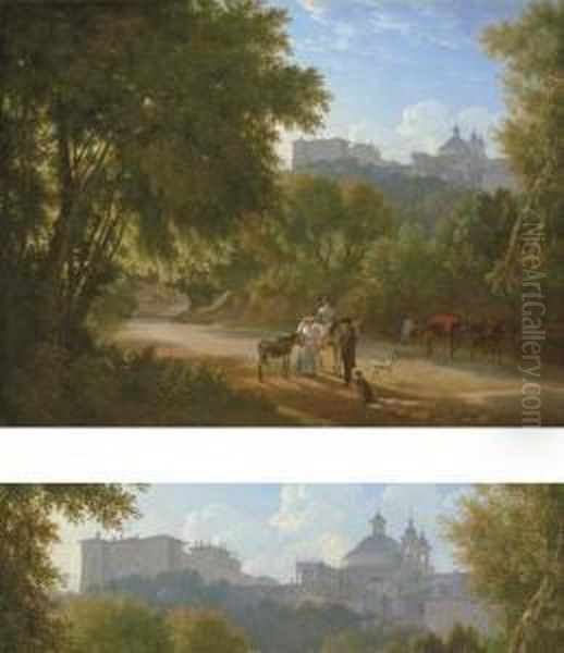 A Valley In The Alban Hills With
 Travelers On A Road, A View Of The Chigi Palace And Santa Maria 
Dell'assunta Beyond Oil Painting by Achille-Etna Michallon
