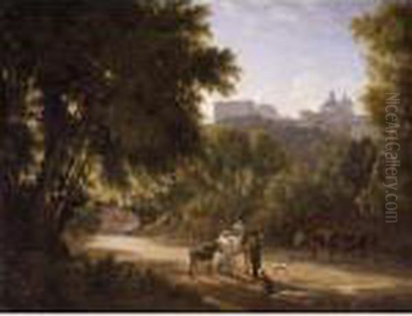 A Valley In The Alban Hills With
 Travellers On A Road, A View Of The Chigi Palace And Santa Maria 
Dell'assunta, Ariccia Beyond Oil Painting by Achille-Etna Michallon