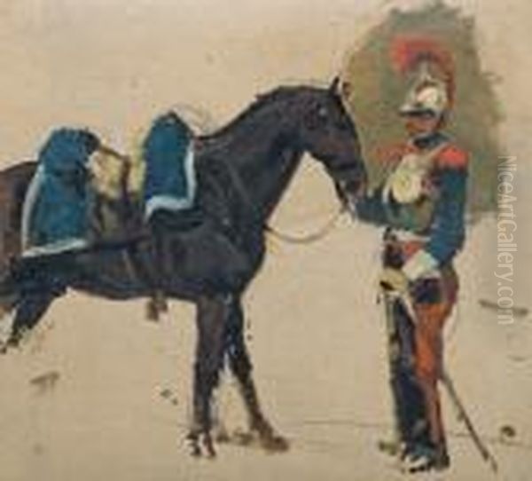 Kirasjer Trzymajacy Konia Za Uzde, Ok.1832 Oil Painting by Piotr Michalowski