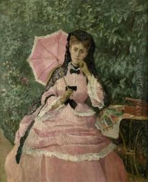 Junge Dame In Rosa, Im Garten Oil Painting by Henri Michel-Levy