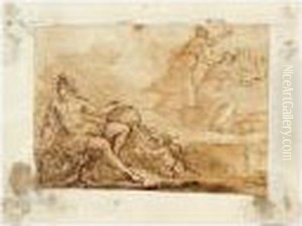 A Mythological Scene With A River God And Two Female Figures, One Harvesting Oil Painting by Andrea Michieli (see Vicentino)