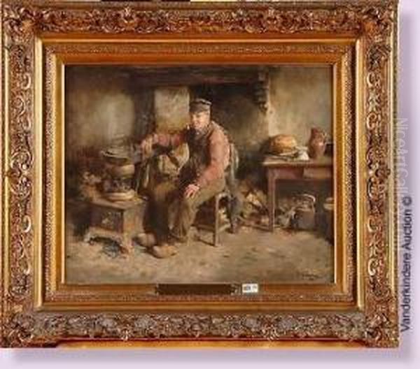 Vieil Homme Fumant La Pipe Devant L'atre Oil Painting by Joseph Middeleer