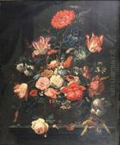 Roses, Tulips, Carnations And 
Other Flowers Ina Glass Vase On A Table Top, With A Snail And A 
Butterfly Oil Painting by Abraham Mignon