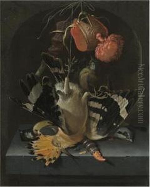 Still Life With A Hoopoe, A 
Great Tit, A Falconry Hood And A Decoywhistle All Arranged Within A 
Stone Niche Oil Painting by Abraham Mignon
