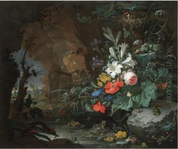 The Interior Of A Grotto With A 
Rock-pool, Frogs, Salamanders, A Bird's Nest And A Large Bouquet Of 
Flowers Including Poppies And Lilies, A View Of A Landscape Through The 
Cave Opening Beyond Oil Painting by Abraham Mignon