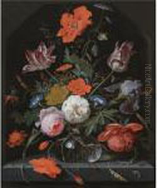 A Still Life With Peonies, 
Roses, Parrot Tulips, Morning Glory, An Iris And Poppies In A Glass Vase
 Set Within A Stone Niche And Caterpillars, A Snail, A Bee And A 
Cockchafer On The Ledge Below Oil Painting by Abraham Mignon