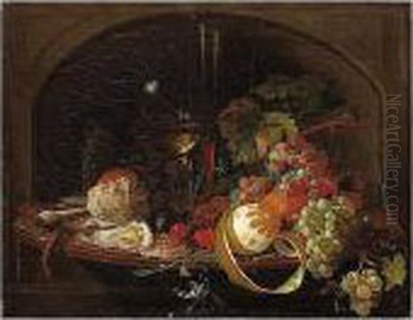 Still Life Of A Peeled Lemon, 
Grapes, An Orange, Cherries And Walnuts, Together With A Roemer, Bread 
Roll, Oysters, A Clay Pipe And A Taper, Arranged Upon A Folding Wooden 
Leaf Oil Painting by Abraham Mignon
