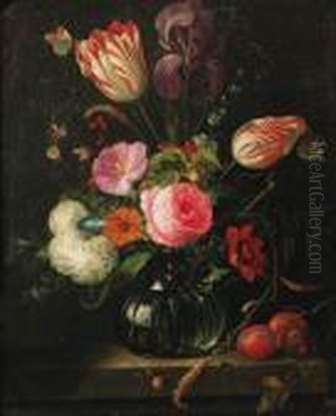 Tulips, Roses, Ears Of Corn, 
Snowballs And Other Flowers In A Glassvase With A Branch Of Plums On A 
Stone Ledge, Butterflies Andsnails Oil Painting by Abraham Mignon