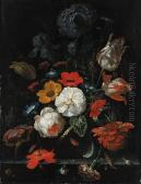 Roses, Parrot Tulips, Poppies, 
Morning Glory, A Carnation, An Iris,paeonies And Other Flowers, With 
Ears Of Corn In A Glass Vase Withsnails, A Spider And Other Insects On A
 Stone Shelf In Analcove Oil Painting by Abraham Mignon
