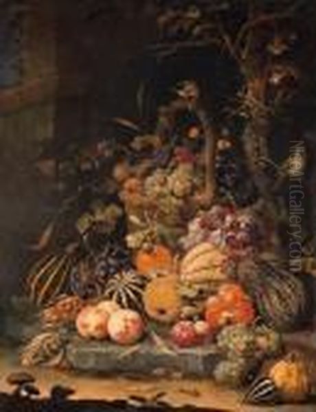 A Forest Floor Still Life With 
Grapes, Plums, Rosehips,blackberries And Ears Of Corn In A Basket, With 
Peaches, Melons Andcorn Cobs On A Stone Slab, With A Goldfinch, A Snail,
 A Beetle Andother Insects, A Mouse By Mushrooms In The Foreground, By A
 Oil Painting by Abraham Mignon
