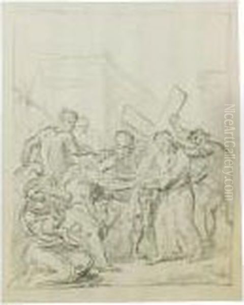 Sei Studi Separati Della Salita 
Al Calvario; La Lapidazione Di Santo Stefano; Giuseppe Venduto Dai 
Fratelli; E Altre Scene Di Martirio Oil Painting by Aureliano Milani