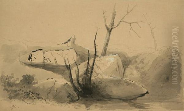 Virga Scenery: Lake And Mountain View 
And 
Rocks And Trees Oil Painting by Alfred Jacob Miller