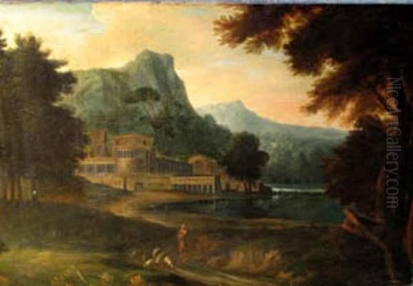 Arcadic Landscape With Fortress And Herdsmen Oil Painting by Francisque Millet