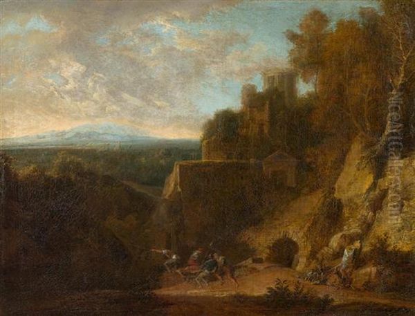 Landscape With Ruins And Fighting Figures. Oil Painting by Francisque Millet