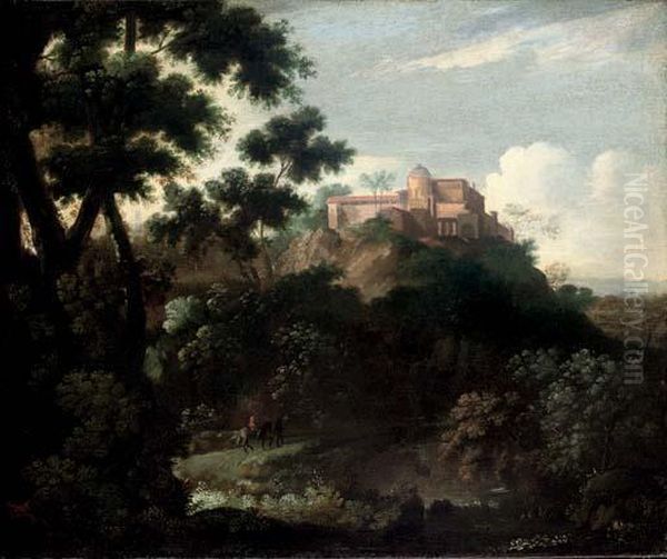 A Wooded Mountainous Landscape With Travellers On A Track Oil Painting by Francisque Millet