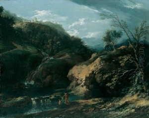 Sudliche Ideallandschaft Mit Anglern An Einem Wasserfall. Oil Painting by Francisque Millet