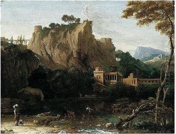 A Classical Landscape With Figures Beside A Lake Oil Painting by Francisque Millet
