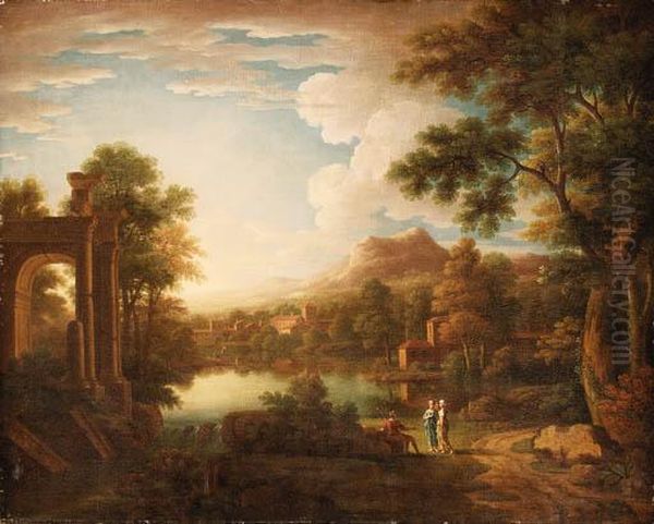 A Classical Landscape With Two 
Women Greeting A Seated Traveller Seated By A Riverside Path Oil Painting by Jean-Francois Millet