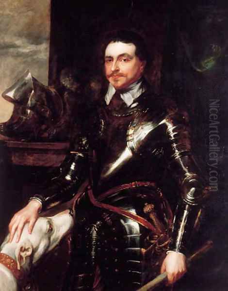 Portrait of Thomas Wentworth, 1st Earl of Strafford (1593-1641), three-quarter-length, in armour, holding a baton in his left hand, a dog at his side Oil Painting by Sir Anthony Van Dyck