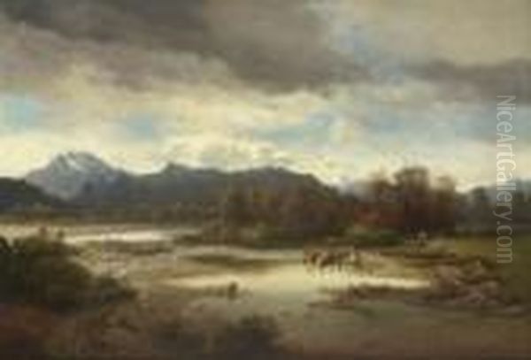 Oberbayerische Flusslandschaft
 (isartal Bei Tolz?). Oil Painting by Karl Millner