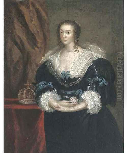 Portrait of Queen Henrietta Maria, small three-quarter-length, in a dark blue dress, holding a rose Oil Painting by Sir Anthony Van Dyck
