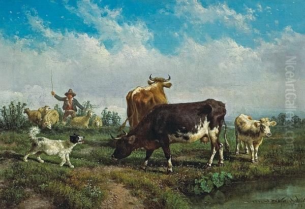 An Extensive Italianate 
Landscape With A Younggirl With Her Farm Animals In The Foreground; Also
 A Companionpainting (a Pair) Oil Painting by Antonio Milone