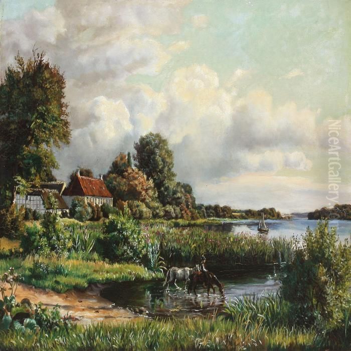 Danish Summer Landscape With House At A Lake And Young Man Watering The Horses Oil Painting by Carl Milton Jensen