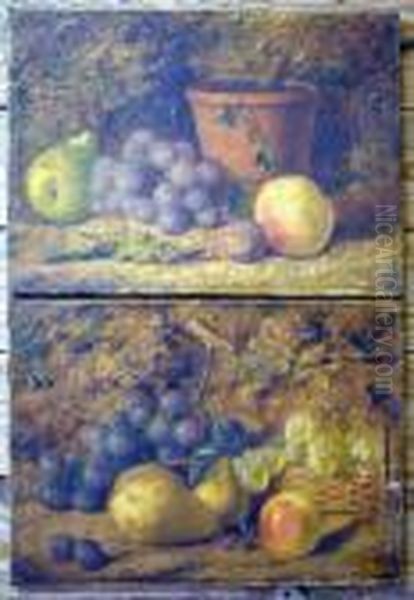 French Pair Of Unframed Oils On 
Canvas Still Lifes Of Fruit Signed Andd Ated '87 10 X 14in Oil Painting by Louis Emile Minet