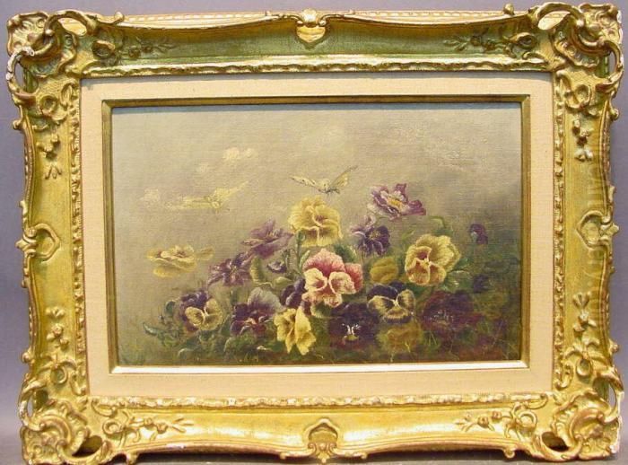 Butterflies And Pansies
Initialed And Dated Oil Painting by Louis Emile Minet