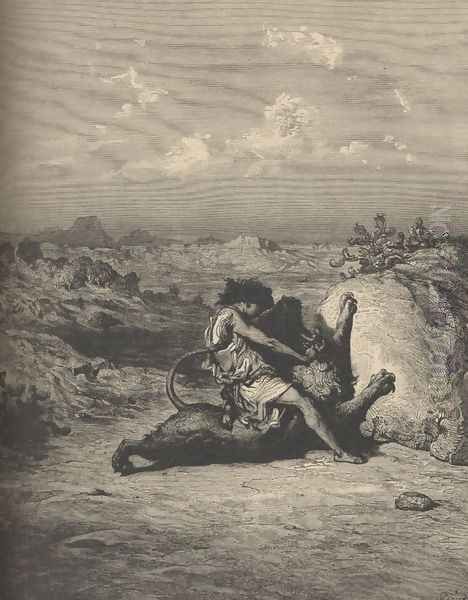 Samson Slaying The Lion Oil Painting by Gustave Dore