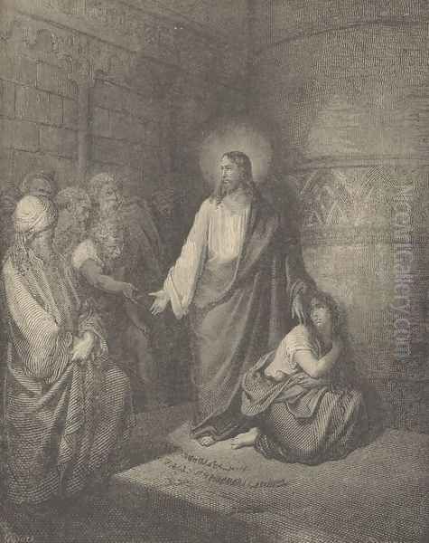 Jesus And The Woman Taken In Adultery Oil Painting by Gustave Dore