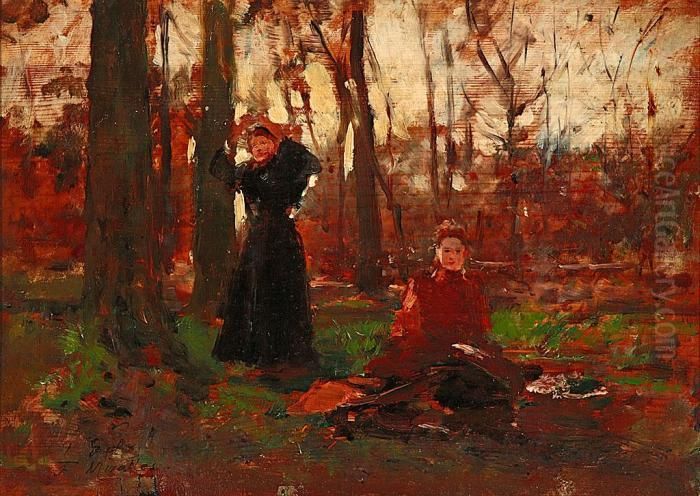 Jovenes En El Bosque Oil Painting by Francisco Miralles Galup