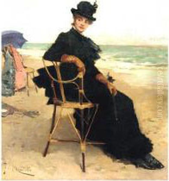 A Lady Seated On The Beach Oil Painting by Francisco Miralles Galup