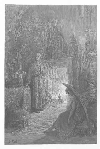 And each separate dying ember wrought its ghost upon the floor. Oil Painting by Gustave Dore