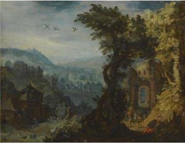 An Extensive Landscape With 
Figures On A Path To The Right And Avillage With A Mill To The Left Oil Painting by Anton Mirou