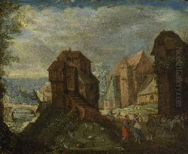 Dorflandschaft Mit
 Figurenstaffage. Oil Painting by Anton Mirou